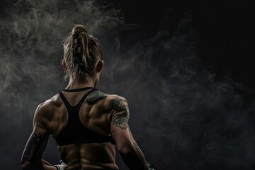 Obraz premium Strong female boxer on dark background back view