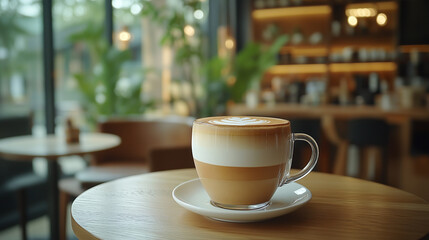 Fototapeta premium A Cup Of Cappuccino With Beautiful Latte Art: A Perfectly Crafted Milk Pattern On The Coffee, Resting On A Wooden Table In A Modern Cafe Setting