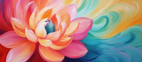 Abstract painting of a blooming pink lotus flower with swirling teal and yellow background.