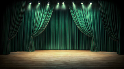 Empty theater stage with green velvet curtains. Spotlight showtime copy space