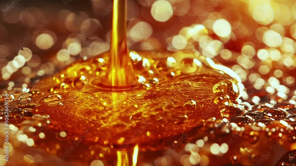 Poster this golden syrup flows smoothly, creating beautiful reflections and textures under warm lighting.