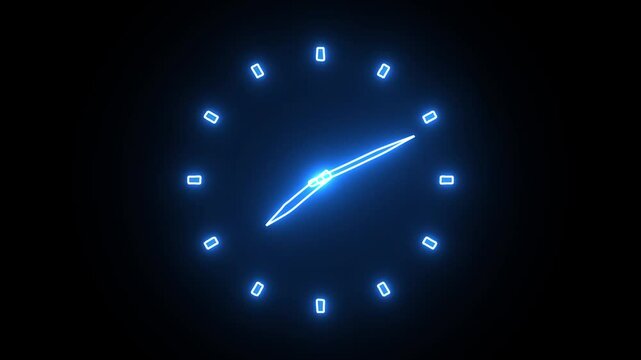 Blue color neon boderless clock icon HD animation on black background and 4K animation video.