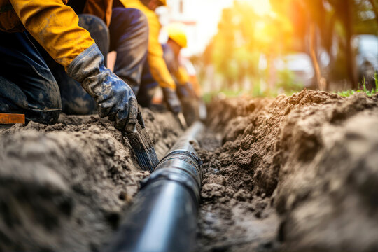 Dedicated Workers Meticulously Install Underground Utility Pipes in a Sunlit Trench, Showcasing Essential Infrastructure Development