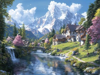 Obraz premium A serene landscape featuring mountains, a river, and charming houses.