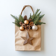 Decorative gift bag with pinecones and ornaments for the holiday season