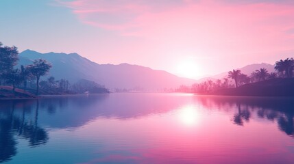 Serene Sunset Over Tranquil Lake and Mountains
