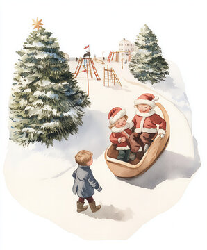 Watercolor Victorian Christmas Fir Tree, Children Playing, Lush Christmas Girl with Baby, New Year, Winter Holiday, Holiday, New Year Toys, Noel, Angel Child, Nutcracker, Poinsettia, Bouquet, Showcase