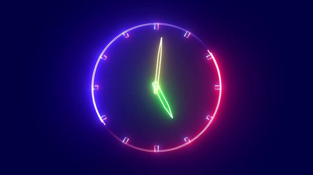 Neon red and blue analog clock icon 4k animation, on dep blue screen.