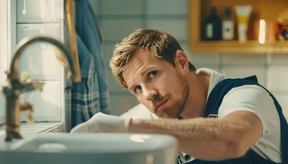 Focused plumber in overalls repairing sink in bathroom, showing expertise in plumbing and home maintenance