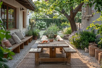 Obraz premium Stylishly furnished outdoor seating area, outdoor exterior design in the garden or on the terrace