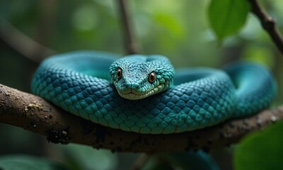 Fototapeta premium Iridescent blue green viper coiled snake on branch