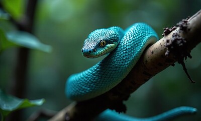 Fototapeta premium Iridescent blue green viper coiled snake on branch