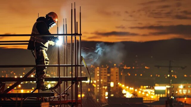 A lone worker stands atop a scaffold skillfully welding two metal panels together as the cool night air swirls around him and the citys lights le in the distance.