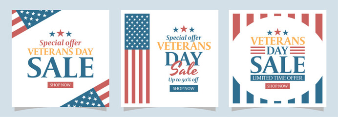 Veterans day sale. Set of sale event cards for shopping, business, advertising, social media. Collection of vector templates with text and patriotic symbols.