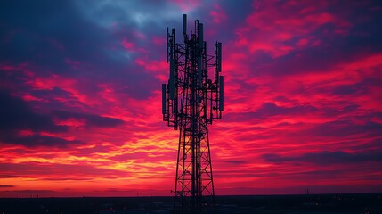 Fototapeta premium A tall tower with many antennas is lit up in the evening sky