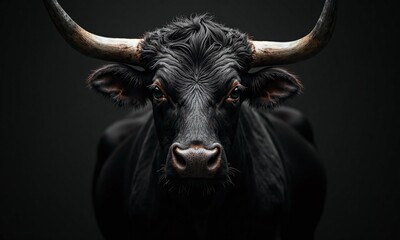 Naklejka premium Black bull portrait dramatic lighting dark background