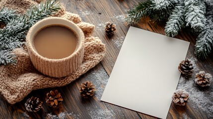 A white piece of paper sits on a wooden table next to a mug of coffee