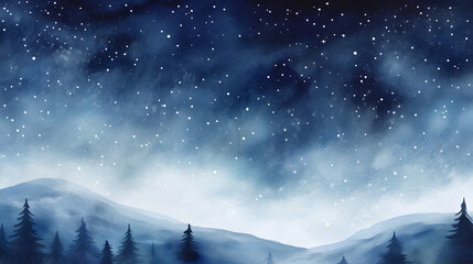 Fototapeta premium Dreamy watercolor illustration of a serene night landscape with starlit mountains and a deep blue sky. Mystical forest scene under moonlight, creating an enchanted, tranquil atmosphere. 