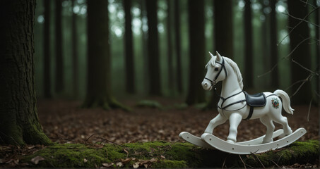 White Rocking Horse Figurine in Forest Symbolizing Loss, Missing Child, or Adoption Story. Negative space