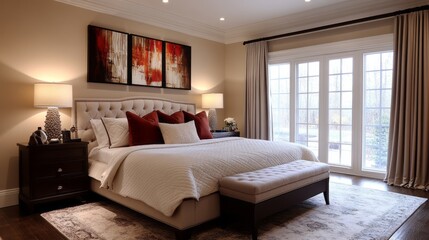 Modern Bedroom Interior with White Bed and Abstract Art