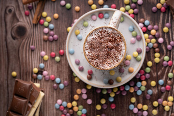 photo, cup, hot, chocolate, coffee, whipped, cocoa, powder, placed, colorful, candy, coated, scattered, dessert, sweet, treat, food, decor, flavor, aromatic, tasty, cozy, homemade, decoration, mix