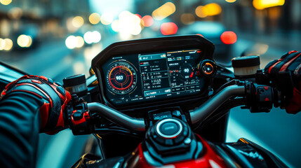 High-Tech Dashboard of Superbike with Rider�s Hands
