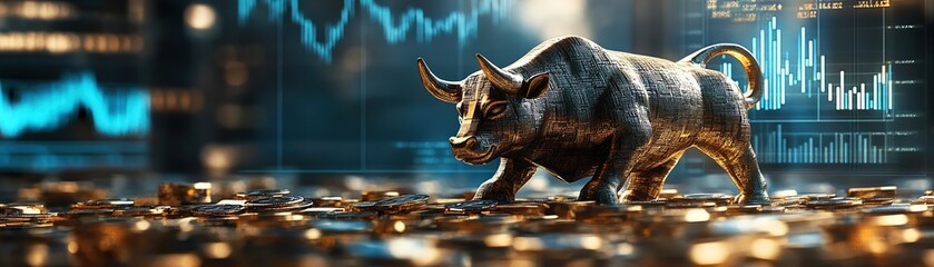 Fototapeta premium Golden bull statue atop coins, financial graph holograms, trading floor