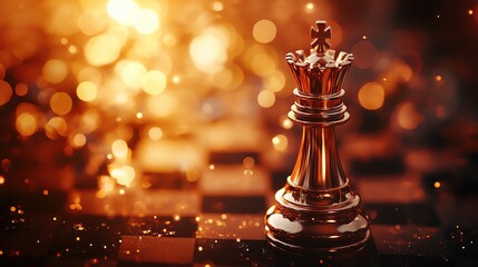 Low angle of golden chess king poised in a decisive move, warm spotlight, soft bokeh background