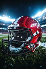 Fototapeta premium Red football helmet on field, stadium in background, bright light