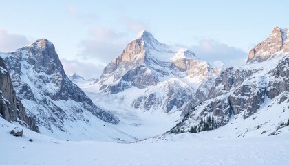 Winter mountains with rugged peaks, detailed snow-covered texture and majestic background scenery