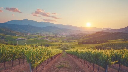 Fototapeta premium Serene vineyard landscape at sunset with mountains in the background.