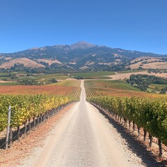 Scenic vineyard landscape with a dirt road and mountains in the background.