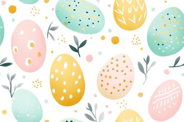 A seamless pattern of pastel-colored Easter eggs with leaf and dot accents, creating a festive and playful spring design.