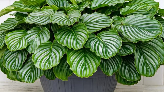A large, green prayer plant with white stripes grows in a grey pot