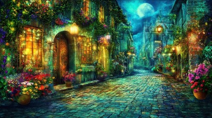 Obraz premium A charming cobblestone street with ivy-covered buildings, glowing lanterns, and colorful flowers under a full moon. Concept: enchanted village, fantasy.
