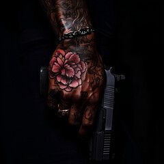 Man’s hand with tattoos holding a gun