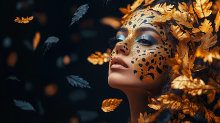 Woman with leopard print face paint surrounded by golden leaves.