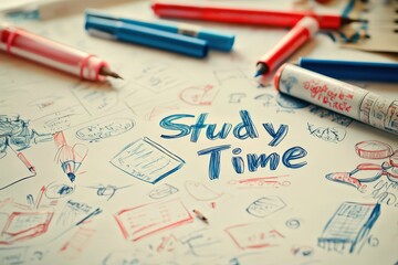 Creative Study Time Doodle with Colorful Markers, Sketches, and Handwritten Notes, Inspiring for Students and Learning