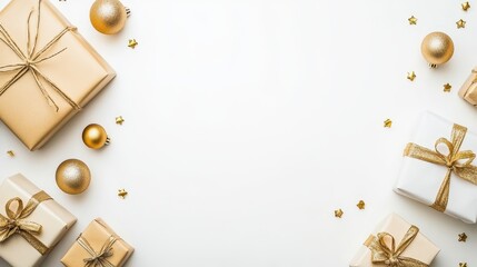 Fototapeta premium Beautifully wrapped pastel Christmas gifts on a beige background. Concept: minimalism, holiday elegance, gift exchange