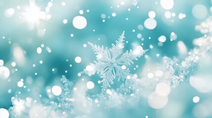 Falling snowflakes on a snowy surface against a soft blue background. Concept: winter, cold, beauty