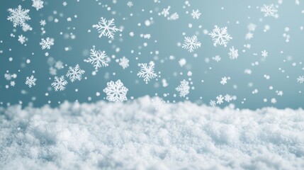 Naklejka premium Falling snowflakes on a snowy surface against a soft blue background. Concept: winter, cold, beauty