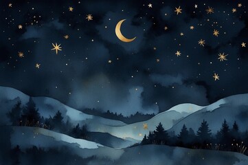 Fototapeta premium blue watercolor background with snow ,trees,gold star and moon