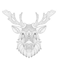 Vector illustration of black and white portrait image with moose. Drawn in zentangle style for t-shirt design or tattoo. Anti-stress coloring page with wild nature.