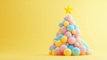 Christmas tree made of pastel-colored balls arranged in the shape of a pyramid, topped with a bright yellow star, on a warm yellow background. Concept of congratulating children on the holiday