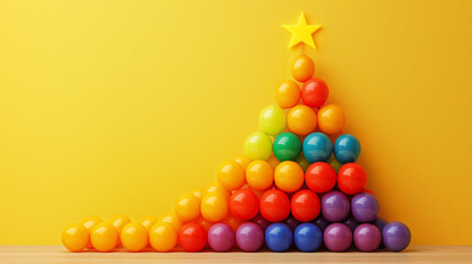 Christmas tree made of colorful balls arranged in the shape of a pyramid, topped with a bright yellow star, on a warm yellow background. Concept of congratulating children on the holiday