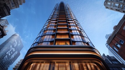 A low angle view of a modern skyscraper with a curved facade, against a clear blue sky.