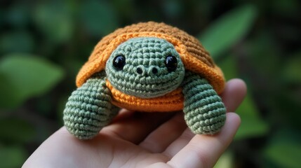 Fototapeta premium A charming crocheted turtle with green and orange yarn rests comfortably in the palm of a hand, emphasizing delicate craftsmanship and a playful design.