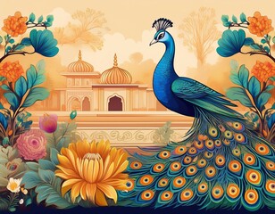 mughal traditional garden with peacock bird flower and temple pattern illustration