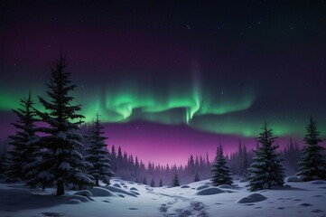Naklejka premium a winter snowy landscape with a vibrant aurora borealis 