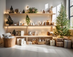 Cozy Christmas-themed display with wooden shelves, warm lights, and festive decor including pine trees, candles, and wrapped gifts. A minimalist style emphasizing warmth and comfort.